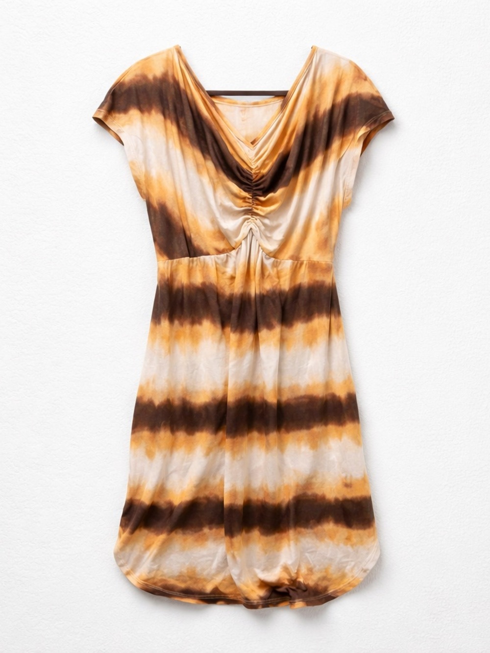 Tie-Dye Short Sleeve Cowl Neck Maxi  Dress in Brown & Mustard